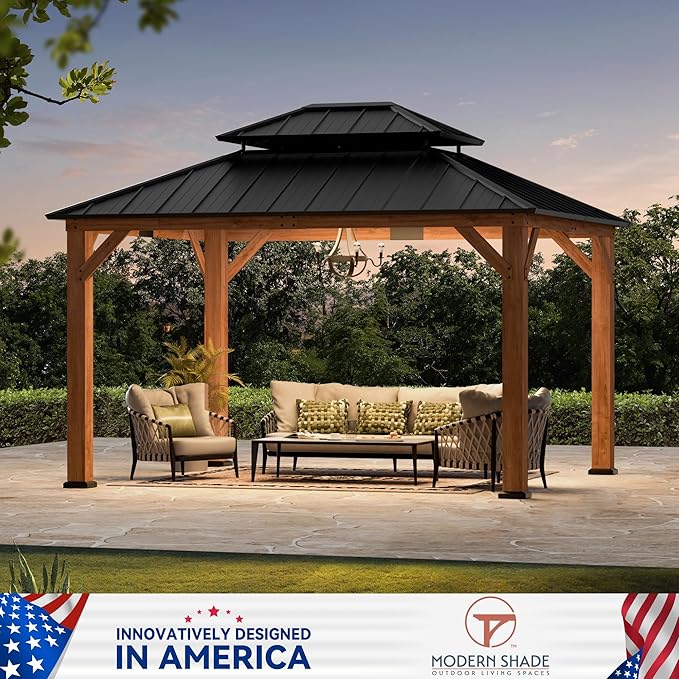 Modern Shade Rosewood Wood Gazebo 10' x 12', Cedar Framed Grill Gazebo with Double Galvanized Steel Roof, Permanent Hardtop Pavilion with Sturdy Hooks for Garden, Backyard, Patio, and Deck