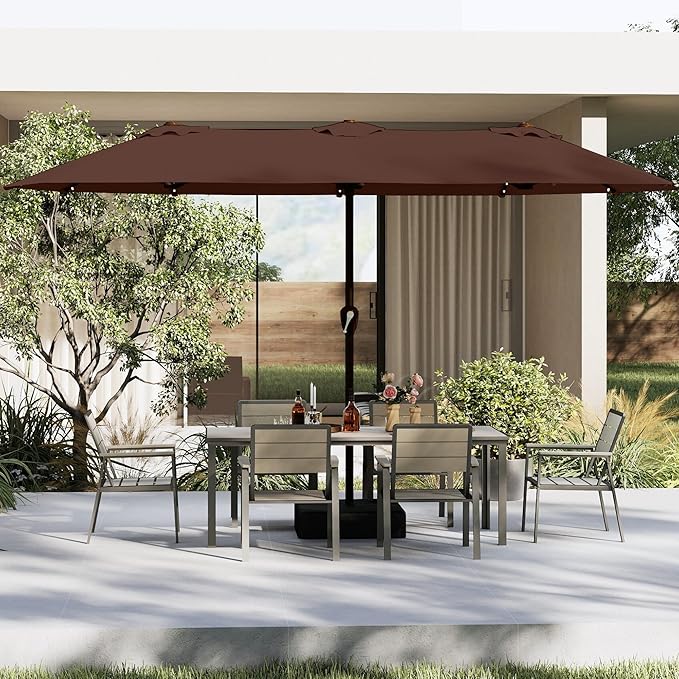 13FT Double-Sided Patio Umbrella with 48 Solar LED Lights, Large Rectangular Outdoor Market Umbrella with Crank Handle, Vented Canopy, Heavy-Duty 12 Rib Steel Frame, for Backyard, Garden, Pool, Brown