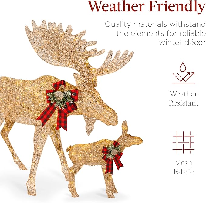 Best Choice Products 2-Piece Moose Family, Lighted Outdoor All-Weather Christmas Yard Decoration Light-Up Décor Set w/ 170 LED Lights, Ground Stakes, Zip Ties - Gold