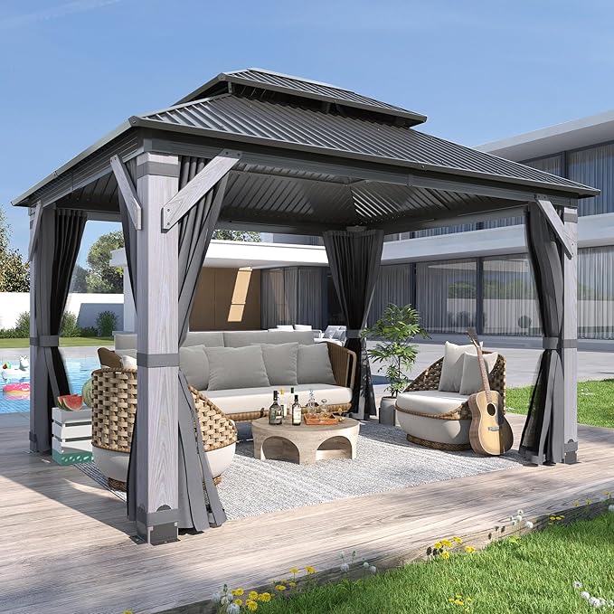 GARTOO 10' x 12' Outdoor Wood Gazebo - Permanent Wooden Hardtop Gazebo Pavilion with Double Curtains, Galvanized Steel Roof Cedar Wood Gazebos for Lawn, Garden, Poolside, Backyard Deck