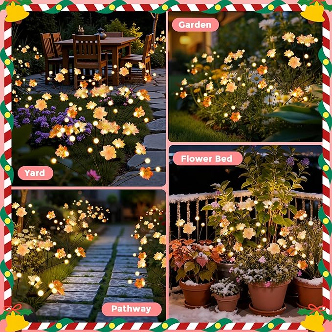 Solar Garden Lights, Decorative Solar Flowers Light for Outside, Decorative Christmas Lights, Outdoor Christmas Decorations, Fairy Lights for Patio Porch Yard Decor (4 Pack)