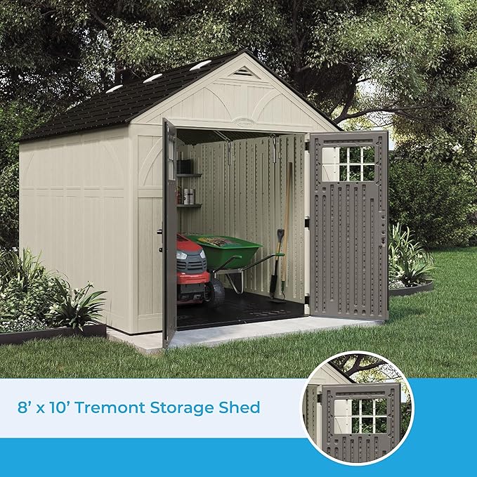 Suncast 8x10 Ft. Outdoor Storage Shed - Large Resin Outdoor Shed with Floor Included, Lockable Double Doors & Skylights. 547 Cu Ft Tremont Garden Plastic Sheds for Lawn Tools, Riding Mowers, & Bikes
