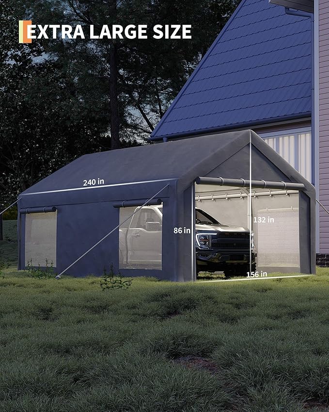 13X20 FT Portable Carport Garage with Roll-Up Windows & Doors, Heavy-Duty 200g PE Tarp, Waterproof & UV Protected Outdoor Shelter for Car, Boat, Truck, Motorcycle