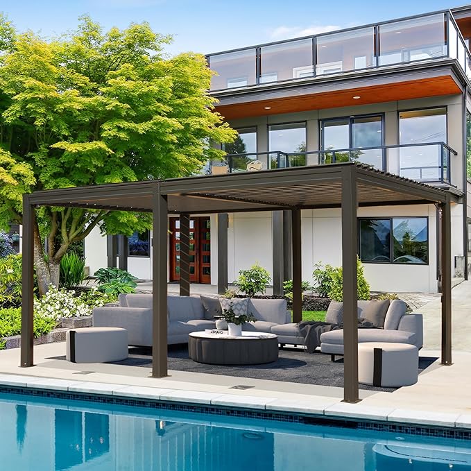 10’ x 20’ Louvered Pergola, Outdoor Pergola Aluminum Frame with Adjustable Rainproof Metal Roof, Permanent Sun Shade with Drainage System for Backyard, Garden and Lawn (Dark Brown)
