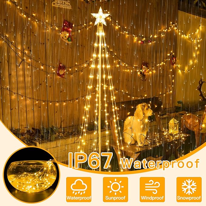 Ollny Christmas Tree Lights, 6FT 170 LED Warm White Outdoor String Lights 8 Modes Timer Function IP65 Waterproof Star Light for Indoor Outside House Yard Xmas Decorations
