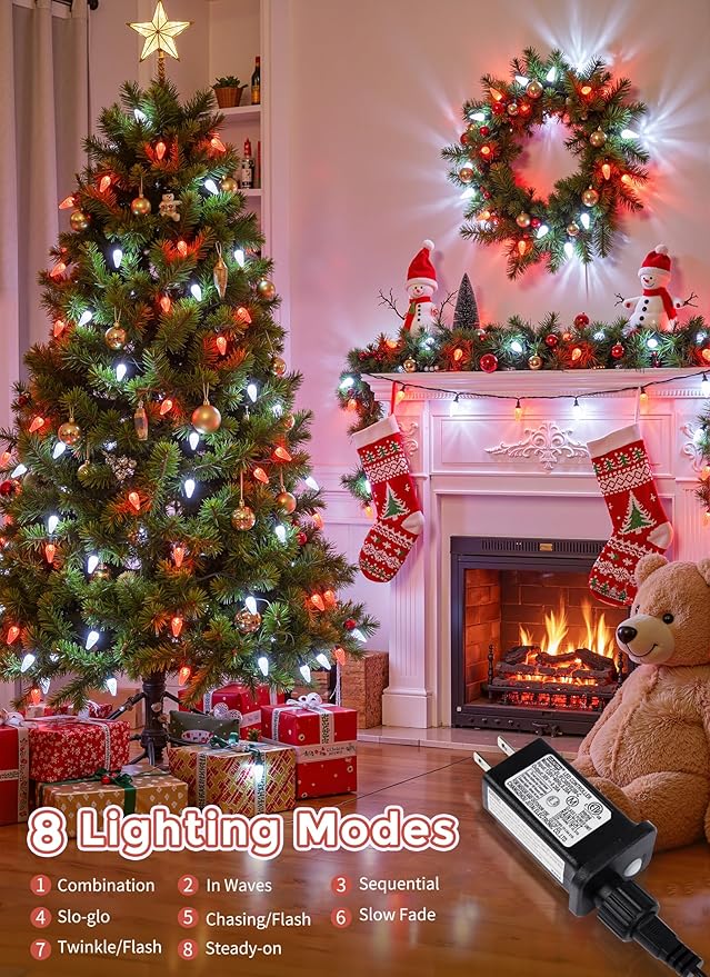 C9 LED Christmas Lights Outdoor, 81 Feet 100 LED String Lights with Timer & 8 Light Mode, Waterproof Commercial Grade Christmas Tree Lights for Outside Indoor Roofline Patio Decor, Red & Pure White