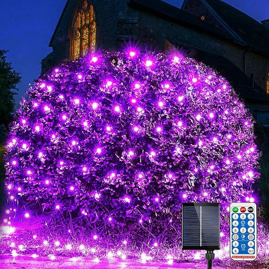 WBao Solar Halloween Lights Outdoor, 200LED 8.4ft x 5.2ft Halloween Net Lights with Remote, 8 Modes, Timer, IP65 Waterproof & Dark Green Wire for Lawn, Bushes, Trees Outdoor Decorations, Purple