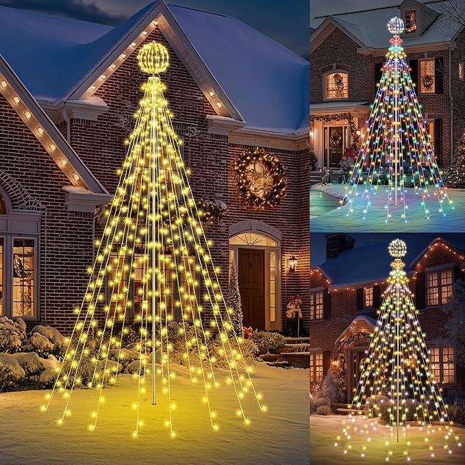 Flacchi 10 FT 432 LED Ball String Lights Outdoor - Pole Set with Remote, Multiple Lighting Modes, Timer, and Waterproof Feature for Ultimate Holiday Decor (Warm White & Multicolor)