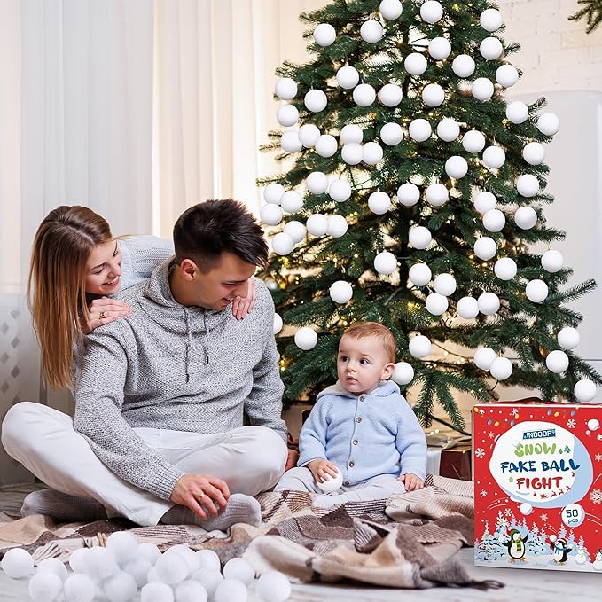 Fovths 50 Pack Snow Toy Ball for Kids 2 Inch Artificial Snow Fight Ball Set Realistic Fake Snow Toss Ball Set for Indoor & Outdoor Snow Fight Christmas Tree Decoration and Winter Family Toss Games