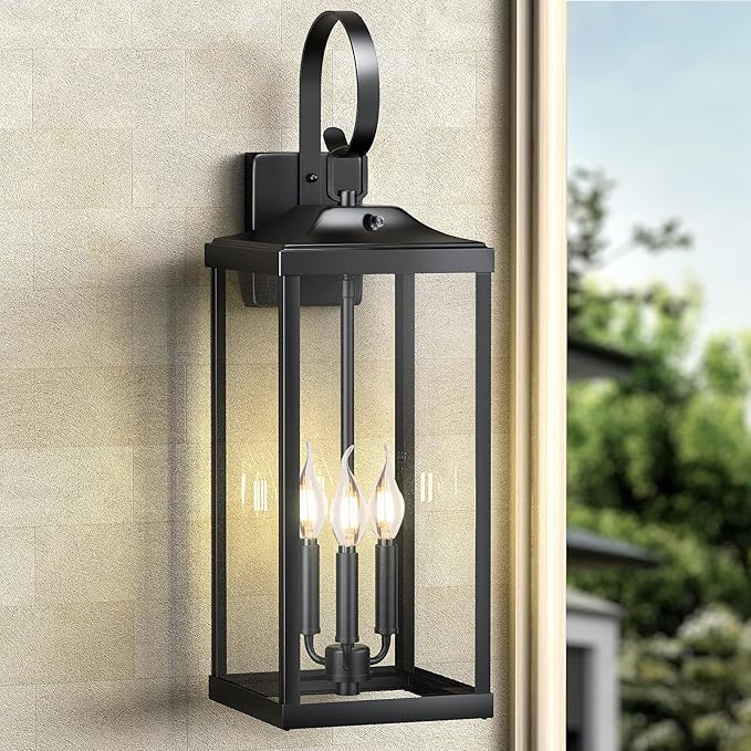 2 Packs 24" Extra Large Dusk to Dawn Light Fixture 3-Light, Black Outdoor Porch Lantern Wall Mounted, Waterproof Modern Outside Wall Sconce Coach Lamp for House, E12