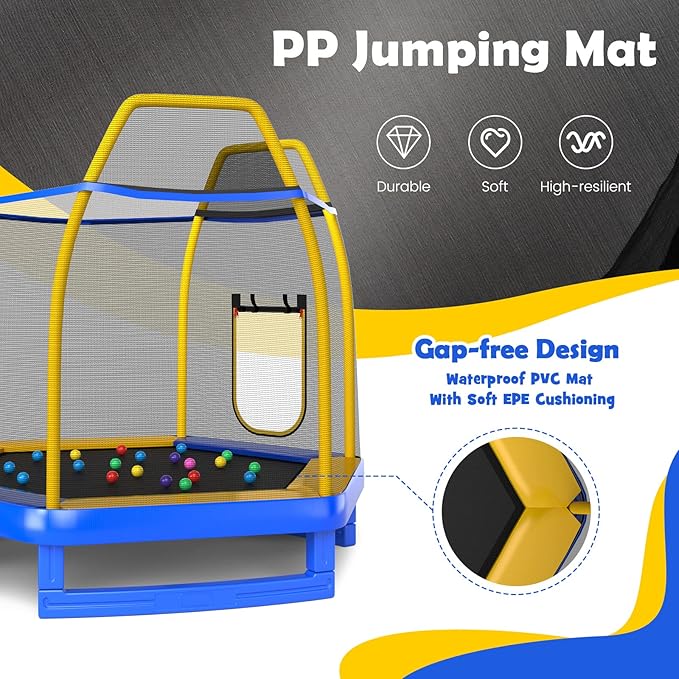 GYMAX Trampoline for Kids, ASTM Approved 7FT Trampoline with Slide, Ladder, Ocean Balls & Mats, Small Indoor/Outdoor Toddler Recreational Trampoline with Enclosure Net, Backyard Trampoline