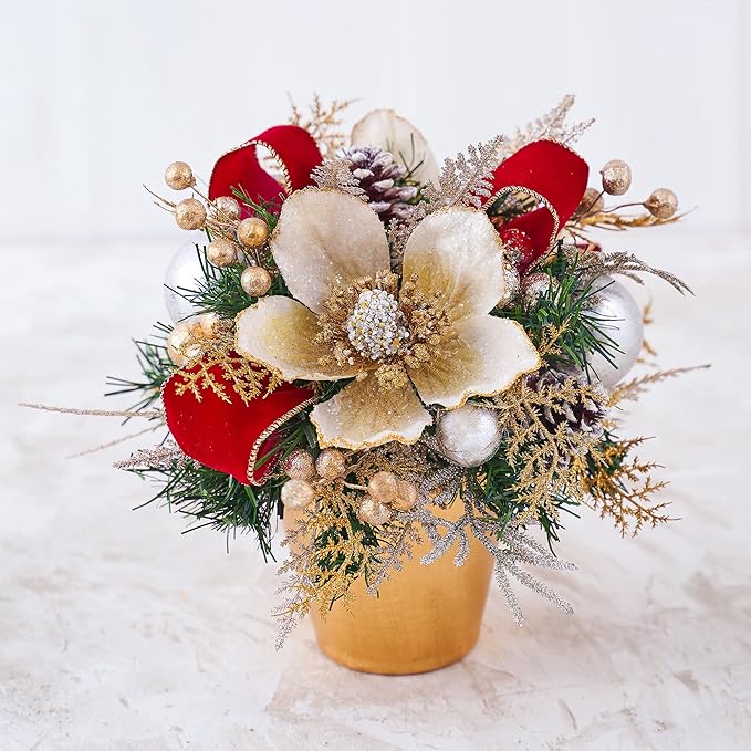 Holiday Tree Christmas Centerpiece - Glam Magnolia Arrangement with Pot. A Unique Design Ornament to Brights Out Your Christmas Atmosphere