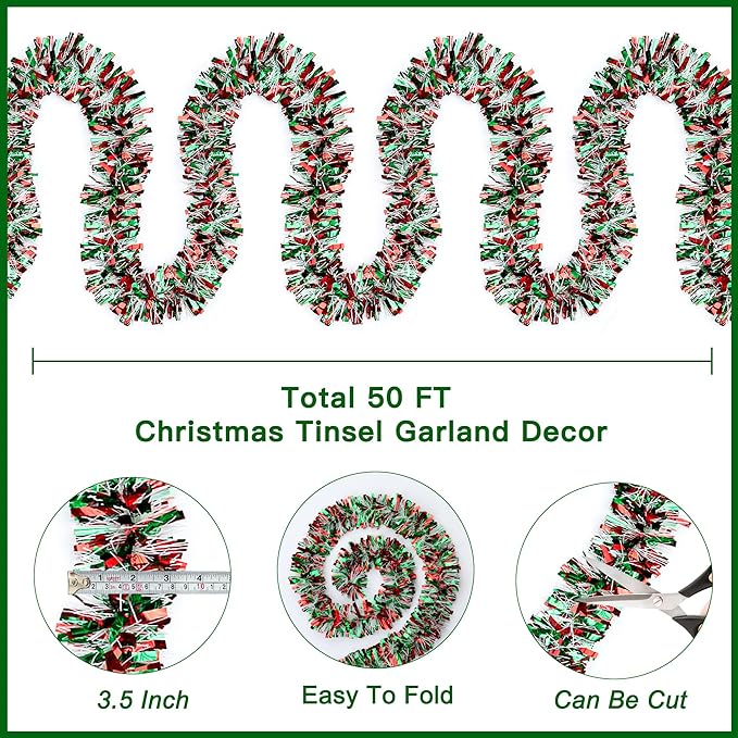 50FT Red Green White Christmas Tinsel Garland Metallic Twist Shiny for Christmas Tree Decorations, Xmas Holiday Hanging for Home Mantle Stair Indoor Outdoor Party Supplies Decor
