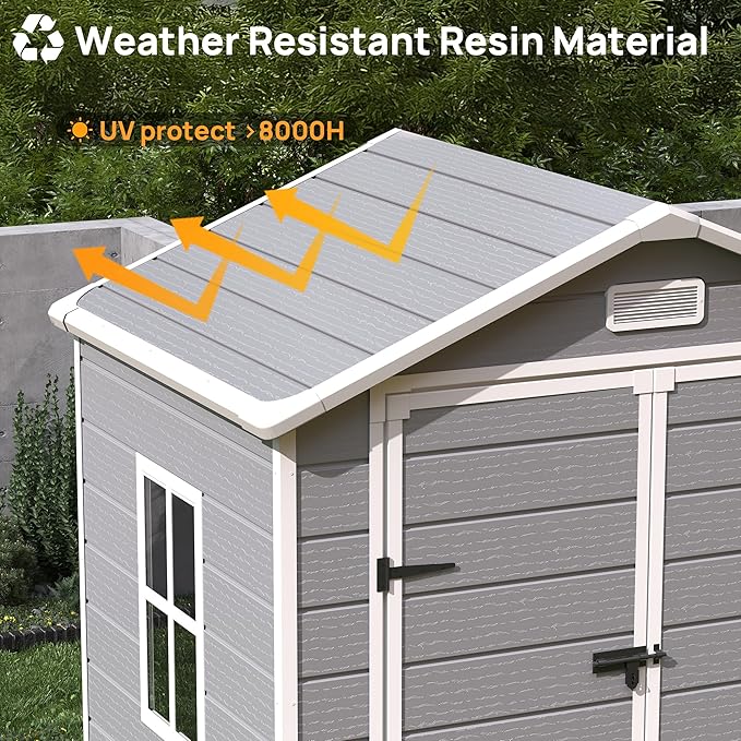 8x10.5 FT Outdoor Plastic Storage Shed with Floor, Waterproof Resin Shed with Lockable Door & Window for Bike, Garbage Can, Lawn Mower, Grey White