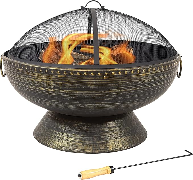 Sunnydaze 30-Inch Large Outdoor Fire Pit - Wood Burning Fire Pit for Outside with Poker and Screen - Black Finish - Regal Cauldron