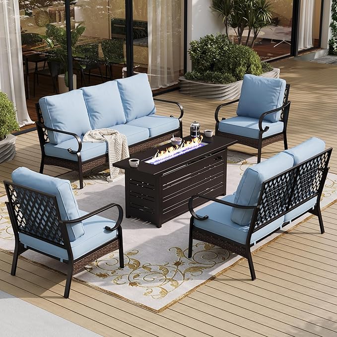 5 Piece Metal Outdoor Patio Furniture Sets with Firepit Table, Patio Conversation Sets 1 3-Seater Sofa, 1 2-Seater Loveseat, 2 Single Sofa with 5.75" Cushion for Backyard Deck, Blue