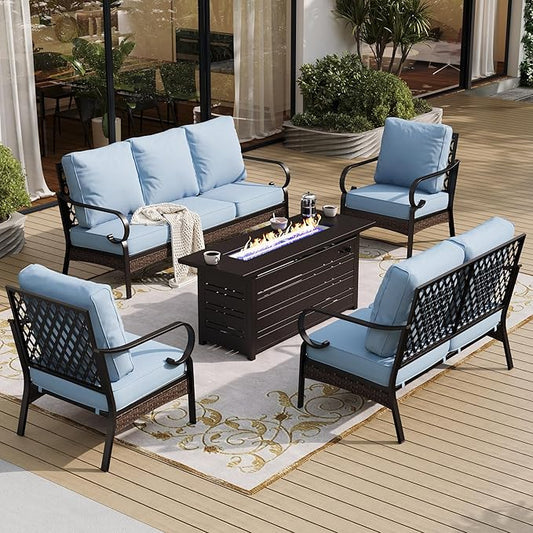 5 Piece Metal Outdoor Patio Furniture Sets with Firepit Table, Patio Conversation Sets 1 3-Seater Sofa, 1 2-Seater Loveseat, 2 Single Sofa with 5.75" Cushion for Backyard Deck, Blue