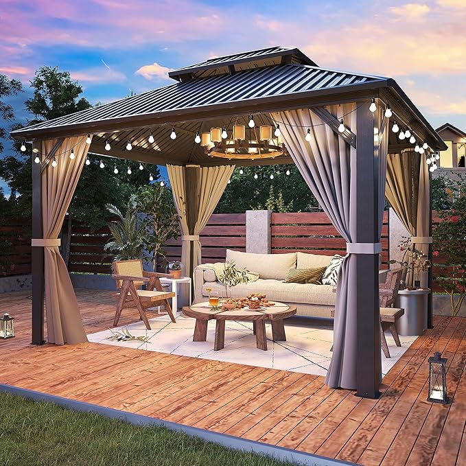 10x12 FT Gazebo Hardtop Gazebo, Aluminum Pergola with Double Galvanized Steel Roof, Curtains and Netting Included, Outdoor Gazebos Canopy for Patio, Backyard, Deck, Lawn,Grey