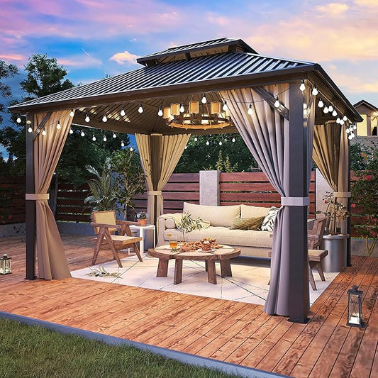 10x12 FT Gazebo Hardtop Gazebo, Aluminum Pergola with Double Galvanized Steel Roof, Curtains and Netting Included, Outdoor Gazebos Canopy for Patio, Backyard, Deck, Lawn,Grey