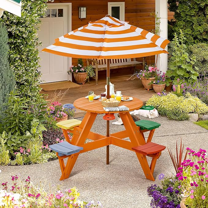 Kids Picnic Table & Stool Set, Outdoor Wood Round Table & 4 Bench, Toddler Picnic Table Set w/Height Adjustable Umbrella, Children Activity Table w/Cup Holders for Patio, Garden, Backyard