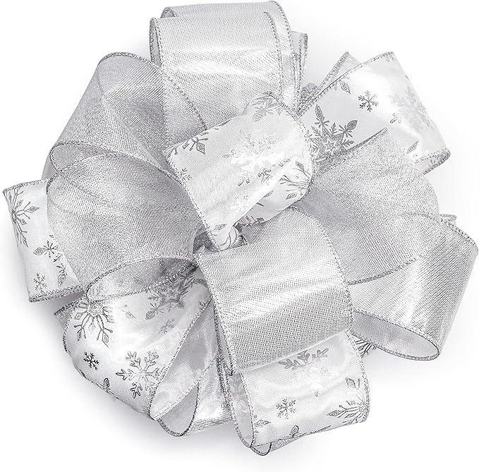 CT CRAFT LLC Sliver Snowflake Less Glitter Christmas Tree Topper Bow 11" with 4 Ribbon Streamers x 3 Yards Long Each for Holidy Elegant Fancy Home Décor Indoor
