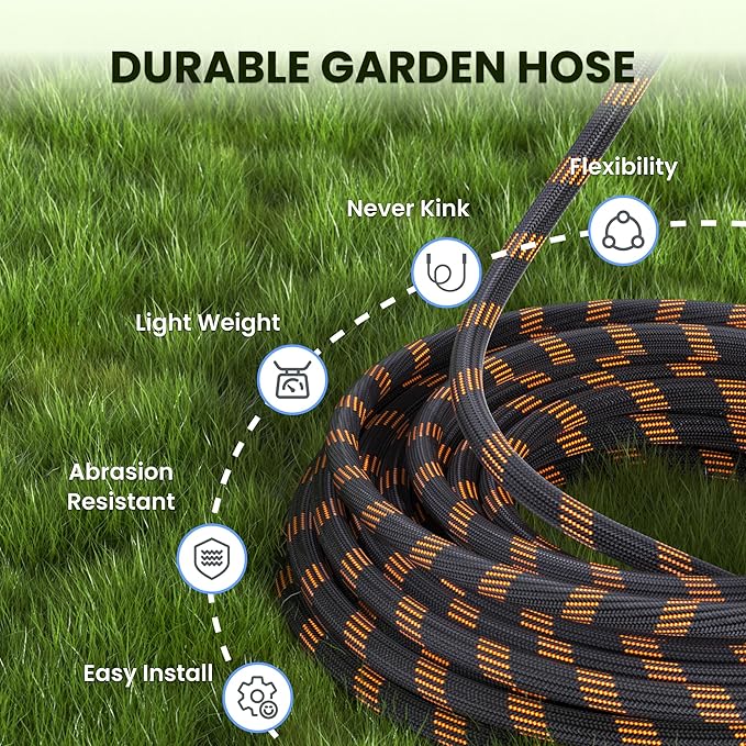 Giraffe Tools Non-Expandable Garden Hose 50FT 1/2¡± Lightweight Flexible Water Hoses Burst 600 psi with 9 Spray Function Nozzle Heavy Duty Hose