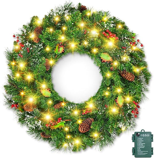 Brightown 24 Inch Pre-Lit Artificial Christmas Wreaths for Front Door, Battery Operated Christmas Wreath with 50 LED Lights, Lighted Wreath for Front Door Wall Window