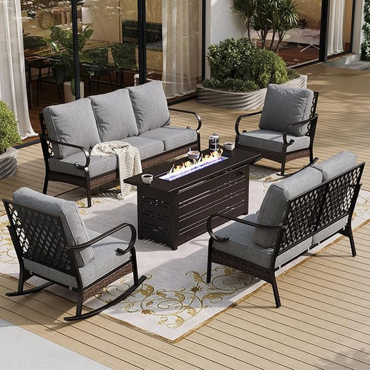 5 Piece Metal Outdoor Patio Furniture Sets with Firepit Table, Patio Conversation Sets 1 3-Seater Sofa, 2-Seater Loveseat, 2 Rocking Chair with 5.75" Cushion for Backyard Deck, Gray