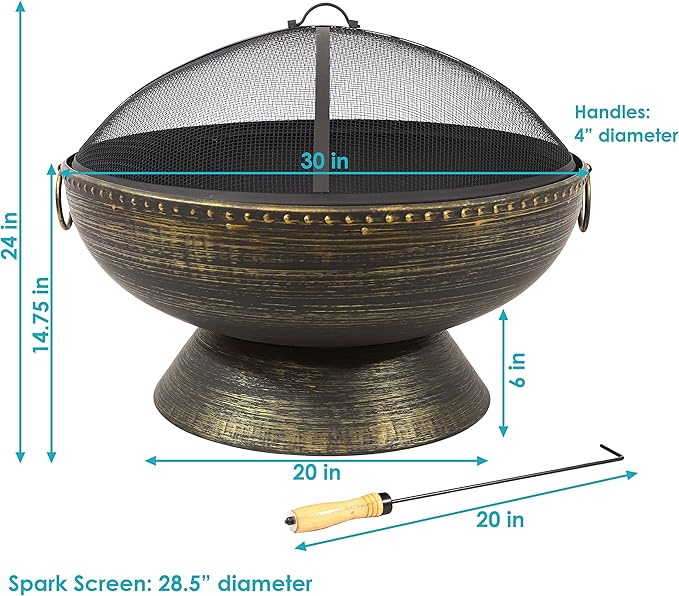 Sunnydaze 30-Inch Large Outdoor Fire Pit - Wood Burning Fire Pit for Outside with Poker and Screen - Black Finish - Regal Cauldron
