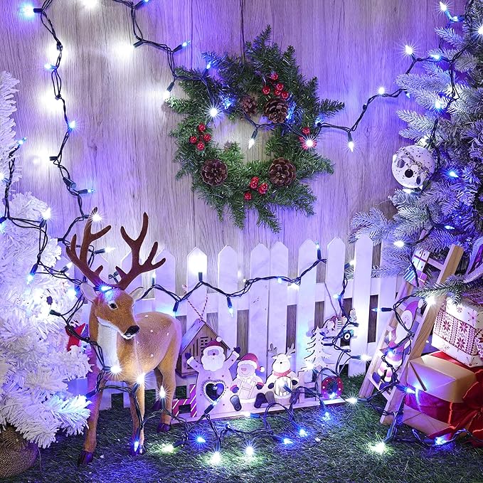 Christmas Lights -1 Pack 21.5FT 100LED Conectable Waterproof String Lights Brighter Detachable Plug-in Lights Indoor & Outdoor for Christmas Decoration(Blue & White)