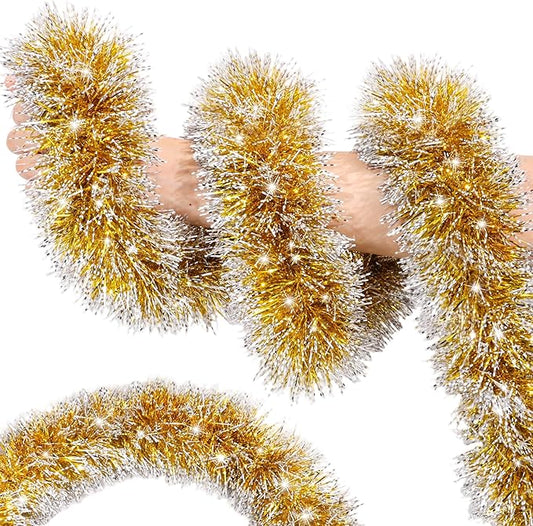 50FT Gold White Christmas Tinsel Garland Metallic Twist Shiny Christmas Tree Decorations, Xmas Holiday Hanging Garland for Home Mantle Stair Indoor Outdoor Holiday Decor Party Supplies - Gold White