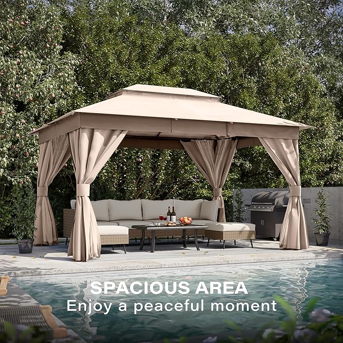 LAUSAINT HOME 10x13ft Outdoor Patio Gazebo with Double Roof, Heavy Duty Waterproof Gazebo Canopy Tent with Mosquito Netting for Backyard, Garden, Lawn & Wedding, Champagne