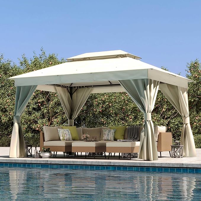 LAUSAINT HOME 10x13ft Outdoor Patio Gazebo with Double Roof, Heavy Duty Waterproof Gazebo Canopy Tent with Mosquito Netting for Backyard, Garden, Lawn & Wedding, Cream White