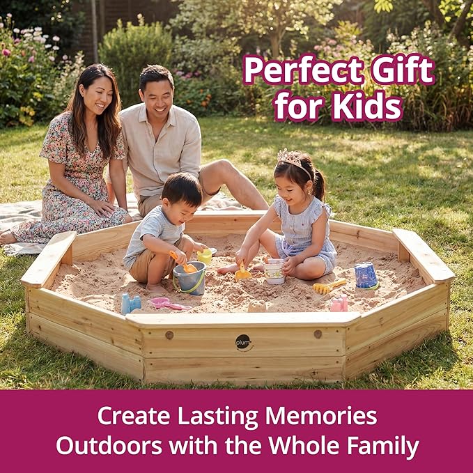 Plum Wooden Large Sandbox with Cover - Outdoor Octagon Sand Box for Kids, Toddler Sensory Toys, Outdoor Wooden Sand Pit with Seat Boards and Bottom Liner, Weatherproof, Easy Assembly, Ages 3+ Years