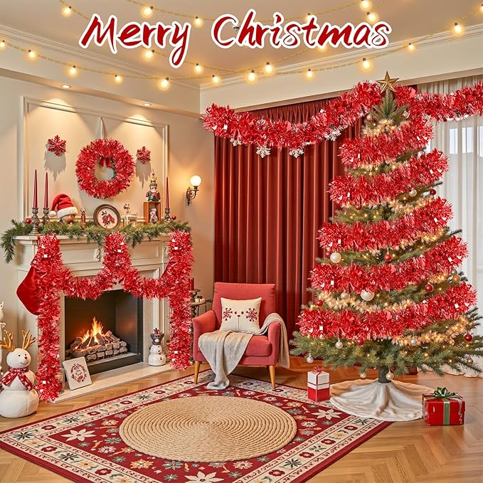 50Ft Christmas Tinsel Garland, Red Metallic Twist Garland for Xmas Tree Decorations, Tinsel for New Year Party Ceiling Hanging Decorations Indoor and Outdoor Decor Supplies