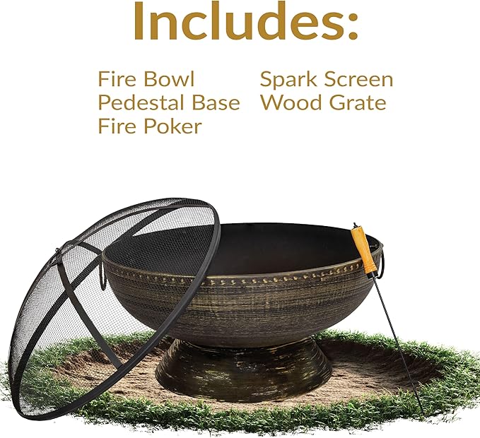 Sunnydaze 30-Inch Large Outdoor Fire Pit - Wood Burning Fire Pit for Outside with Poker and Screen - Black Finish - Regal Cauldron