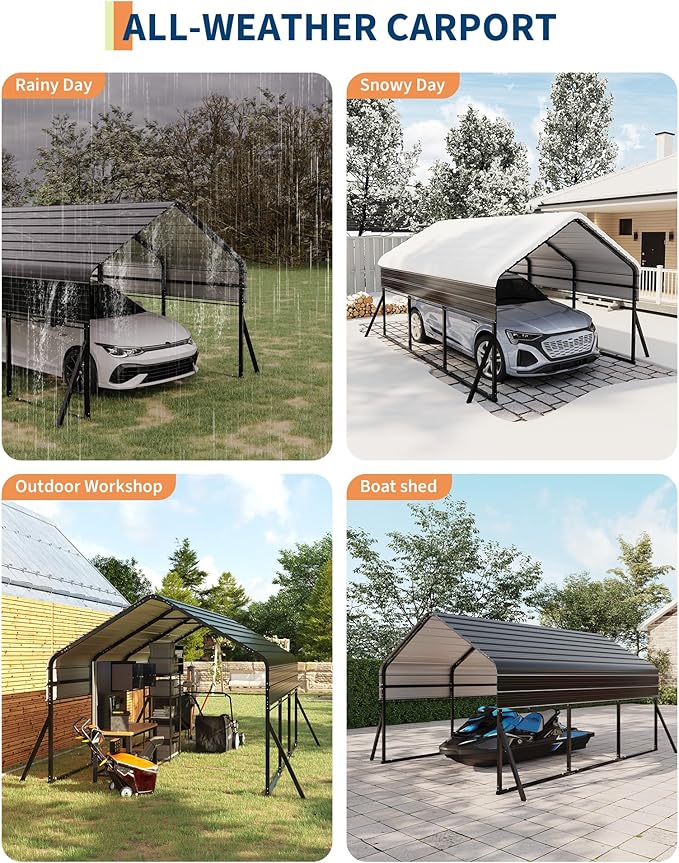 10'x15' Metal Carport, Heavy Duty Car Ports Kit for Trucks, Boats, RV, Tractor, Reinforced Frame with Anchors, Easy Assembly
