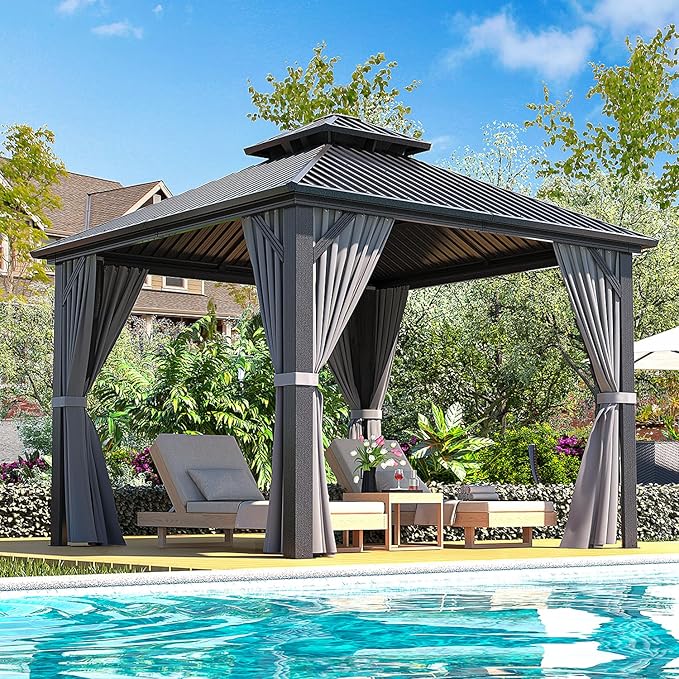 10x10 FT Gazebo Hardtop Gazebo, Aluminum Pergola with Double Galvanized Steel Roof, Curtains and Netting Included, Outdoor Gazebos Canopy for Patio, Backyard, Deck, Lawn,Grey