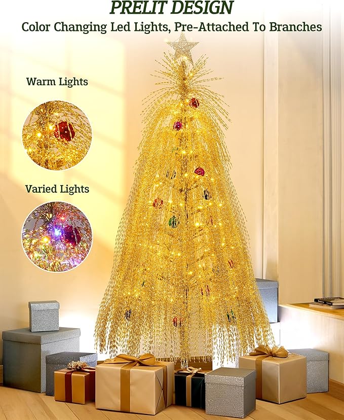 6.5ft Pre-Lit Artificial Christmas Tree, Christmas Tree with 180 LED Lights, 8 Lighting Modes, 2800 Tinsel Branches, Perfect for Indoor, Home, Party, Office, Apartment Decoration (Gold)