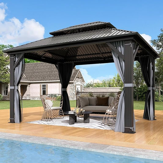 10'x12' Hardtop Gazebo, Outdoor Double Roof Galvanized Steel Gazebo, Aluminum Frame Permanent Pavilion with Curtains & Netting for Backyard, Patio, Deck (Galvanized Steel Top, 10x12 FT)