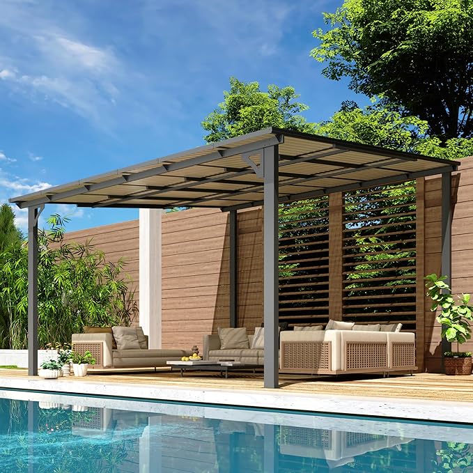 U-MAX Outdoor Pergola 12' x 12' Gazebo, Large Wall-Mounted Lean to Metal Awnings for Patio, Large Panel Roof Gazebos on Clearance for Outdoor Use