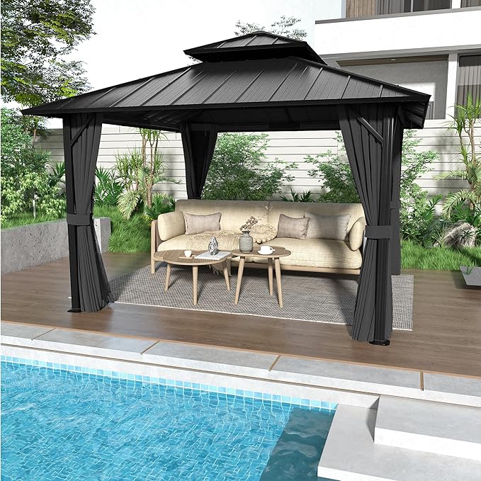 12' x 12' Hardtop Gazebo, Aluminum Frame with Double Galvanized Steel Roof, Outdoor Metal Gazebo with Netting & Curtains for Backyard, Garden, or Deck, Grey