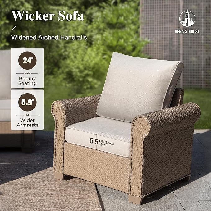 HERA'S HOUSE Patio Furniture Set, 2-Piece Outdoor Wicker Chairs with Widened 5.9" Armrests and 5.5" Thick Waterproof Cushions, All Weather Conversation Set for Lawn Backyard Garden, Beige