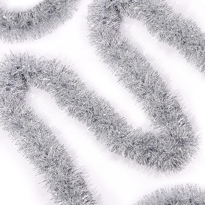 50FT Silver White Christmas Tinsel Garland, Metallic Twist Xmas Garland for Christmas Tree Decorations, Holiday Hanging Garlands for Mantel Staircase Fireplace Indoor Outdoor Home Party Decor