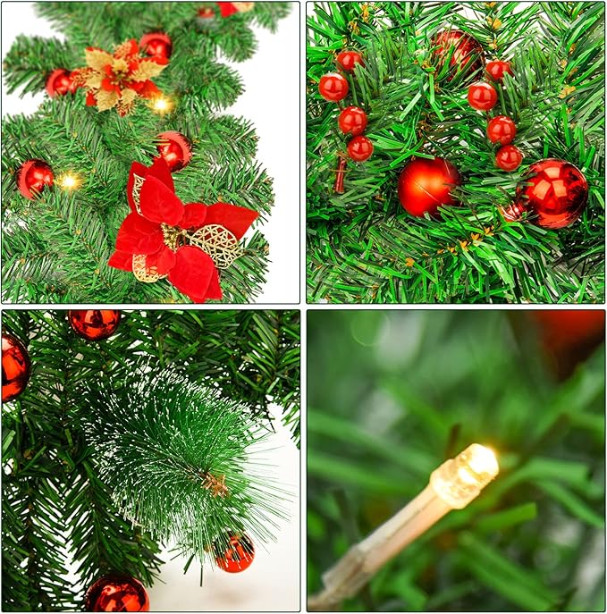 Christmas Garland,Christmas Garland with Lights,Xmas Decor,9 ft Rattan Artificial Flower Vine Plants Xmas Decorations for Indoor Outdoor Home Mantel Fireplace Stairs