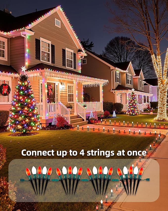 Frosted C9 Christmas Lights Outdoor, 25.7 Ft Christmas Pathway Lights with 20 LED Bulbs and Stakes, Connectable Christmas Yard Decorations Walkway Sidewalk Holiday, Red and White