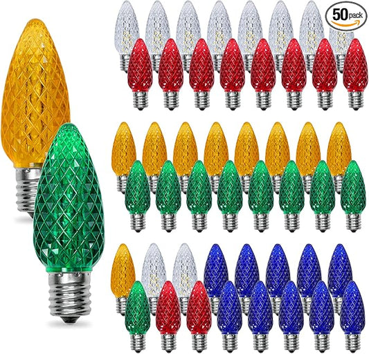 C9 Christmas Light Bulbs 50 Pack, Shatterproof Replacement LED Bulb, Multicolor Fairy Lights for Indoor and Outdoor Holiday Decoration, E17 Base