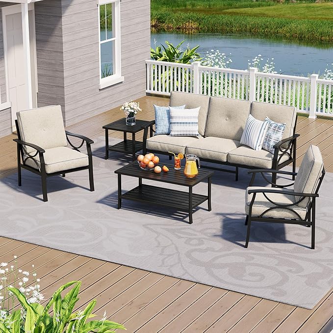 5-Piece Outdoor Patio Furniture Set, Outdoor Metal Sectional Furniture with Cushions, Outdoor Conversation Seating Set with Side Table for Deck, Backyard, Garden, Balcony, Black
