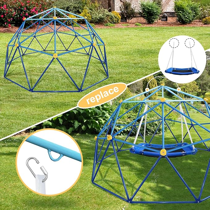 10FT Climbing Dome with Saucer, 800LBS Capacity Blue Jungle Gym for Kids Ages 4-8, Kids Climbing Toys for Outdoor Playground