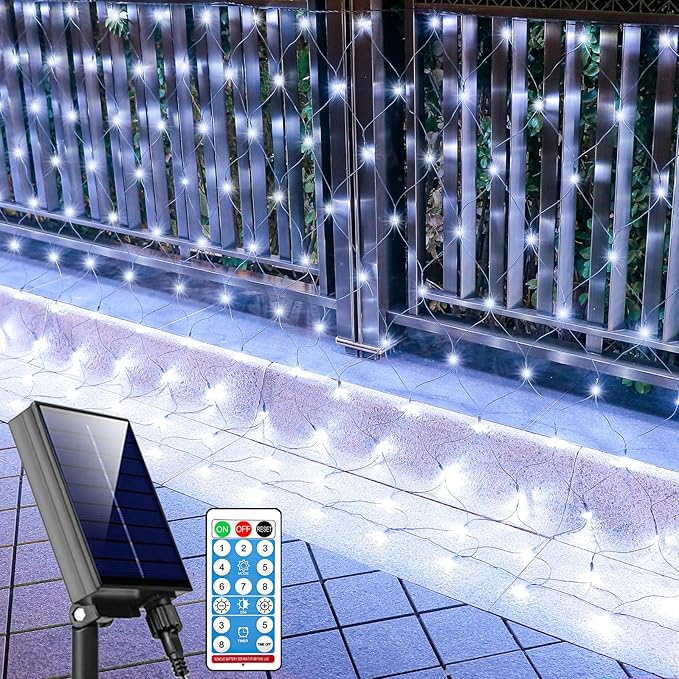 21ft x 5ft Solar Net Lights Outdoor, Solar & USB 2 Power Way 360 LED Waterproof Mesh Lights for Bushes, Remote Control 8 Modes String Light Trees Patio Garden Christmas Indoor Decor (Cool White)